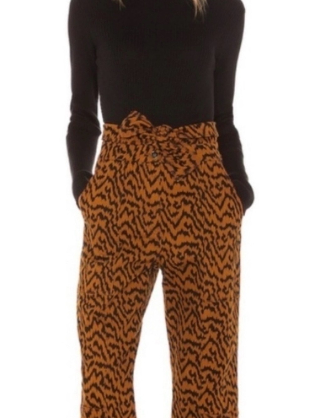 Ulla Johnson Brown and Black Patterned High-Waist Tie Pants
